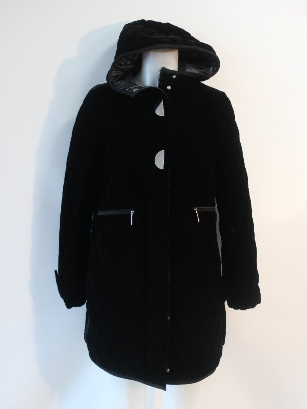 Women Pinko Black (Item-41) Quilted Velour Zip Snap Hooded Puffer Coat 6